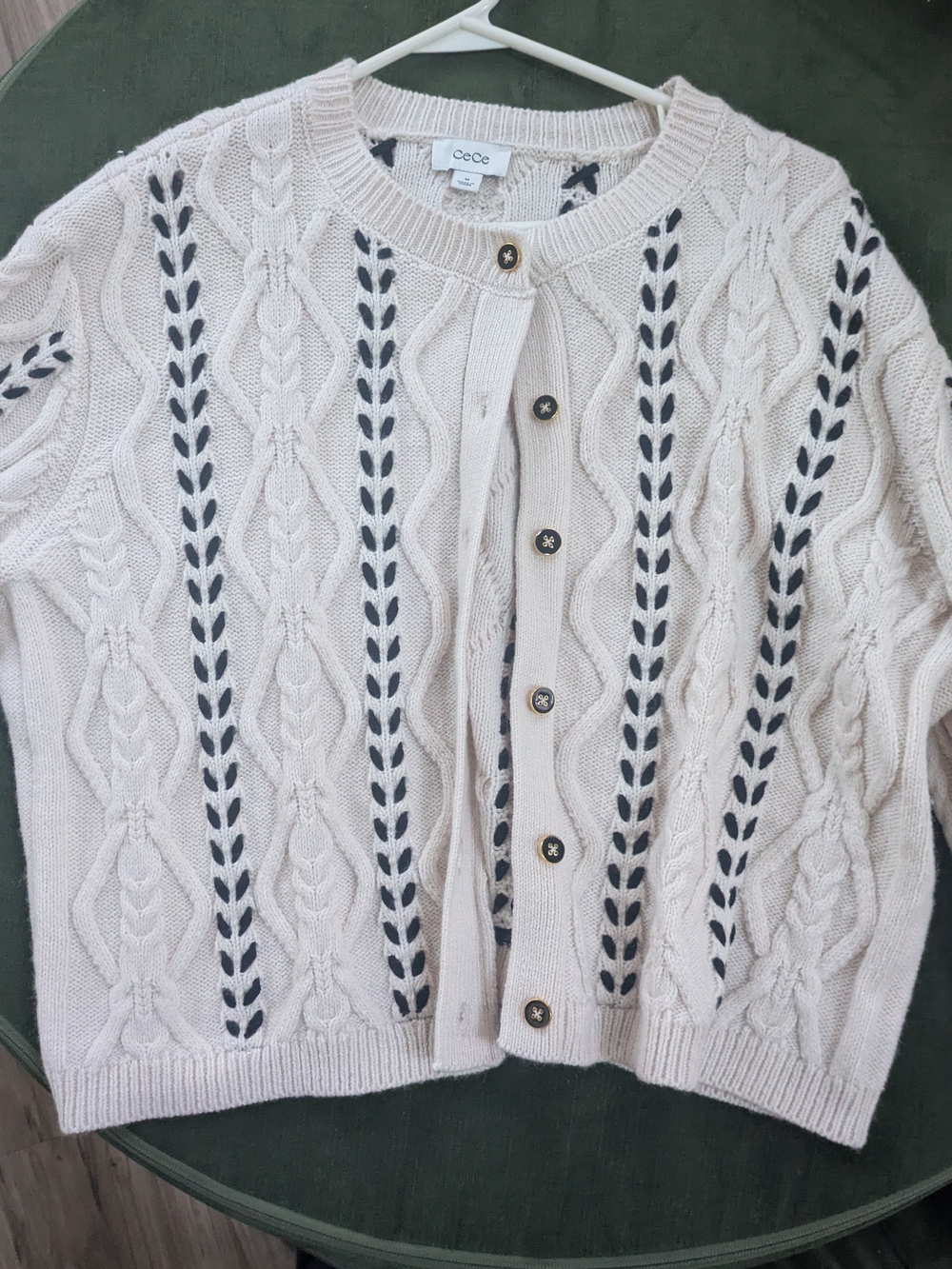 CeCe Ivory Cable Knit Cardigan with Navy Ladder Trim